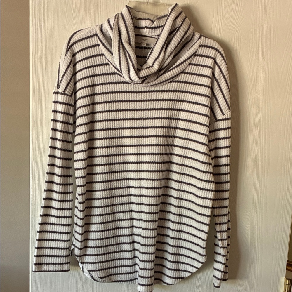 LOFT Charcoal Gray and White Striped Cowl Neck Sweater, medium